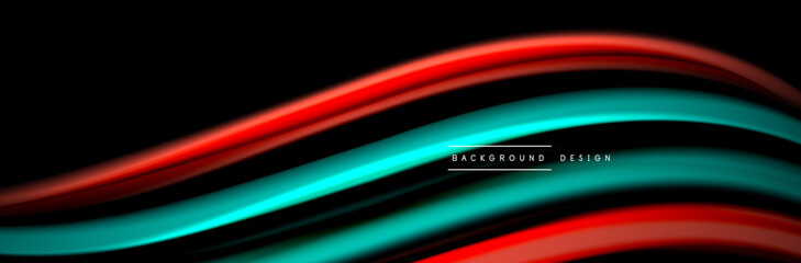 Silk and smooth flow wave poster design. Color waves, liquid style lines and shapes in black color background