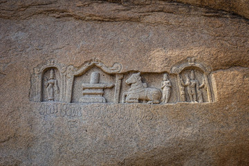 Ancient bas-relief in stone. The ruin of ancient temples near the village of Hampi. The Group of Monuments at Hampi was the centre of the Hindu Vijayanagara Empire in Karnataka state in India