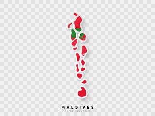 Maldives detailed map with flag of country. Painted in watercolor paint colors in the national flag.
