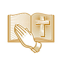 Fototapeta premium Church logo. Christian symbols. Hands folded in prayer against the background of a wooden cross of Jesus Christ and an open bible.