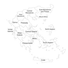 Greece map with name labels on white background. Political map. Perfect for business concepts, backgrounds, backdrop, poster, sticker, banner, label and wallpaper.