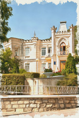 Fototapeta premium Imitation of a picture. Oil paint. Illustration. The city of Pyatigorsk. Gagarin Boulevard