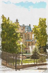 Imitation of a picture. Oil paint. Illustration. The city of Pyatigorsk. Gagarin Boulevard