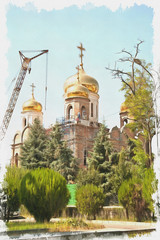 Imitation of a picture. Oil paint. Illustration. The city of Pyatigorsk. Construction of the temple