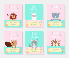 Fototapeta na wymiar Set of Baby shower posters with cute animals. Greeting card, alpaca, lion, wolf, beaver, raccoon and angels. Vector illustration