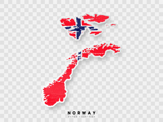 Norway detailed map with flag of country. Painted in watercolor paint colors in the national flag.