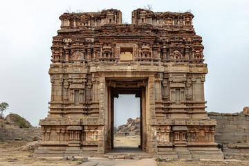 The entrance the Achyutaraya temple. The ruin of ancient temples near the village of Hampi. The Group of Monuments at Hampi was the centre of the Hindu Vijayanagara Empire in Karnataka state in India