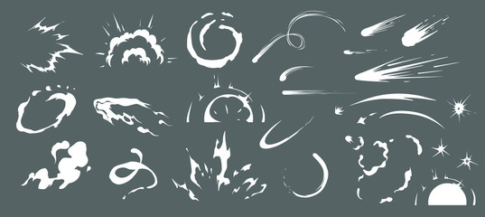 Comic energy explosion. Doodle vector smoke set special effects template. Cartoon steam clouds, puff, mist, fog, vapour, energy or dust explosion 2D VFX illustration. Print, menu and web design