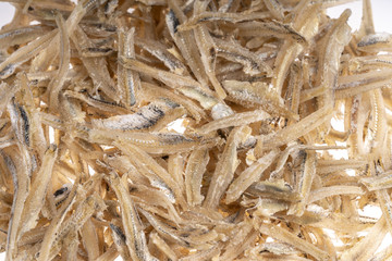Anchovies close up view with white background