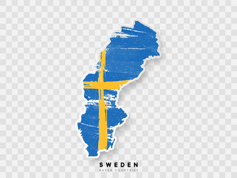 Sweden detailed map with flag of country. Painted in watercolor paint colors in the national flag.