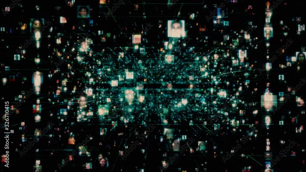 Poster artificial intelligence concept of a social network with a stream of unrecognizable people connectin
