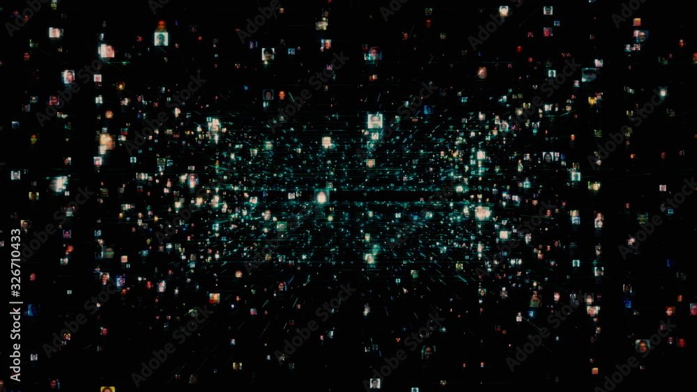 Poster artificial intelligence concept of a social network with a stream of unrecognizable people connectin