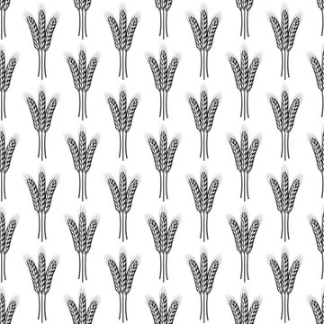 Seamless background, sheaves of wheat spike ear. Monochrome vector illustration cartoon flat icon isolated black on white.