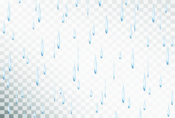 Heavy rain drips 3D effect. Autumn or spring season rainfall, realistic storm forecast with water drops  isolated on transparent background. Vector illustration monsoon sale design template element