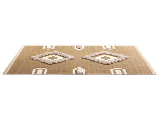 Scandinavian tassel rug with ethnic pattern and fur inserts. 3d render