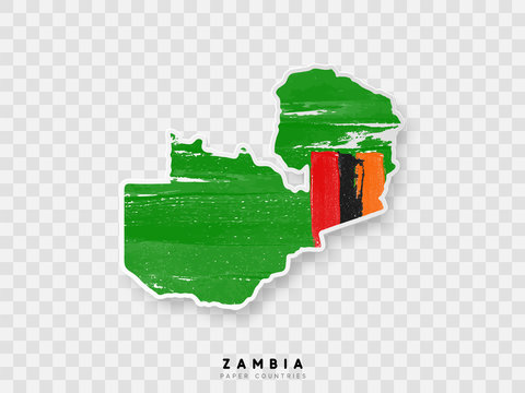 Zambia detailed map with flag of country. Painted in watercolor paint colors in the national flag.