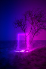 Glowing neon portal door and smoke on vibrant sea background .Copy space for poster, banner,...