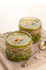Green pesto sauce.