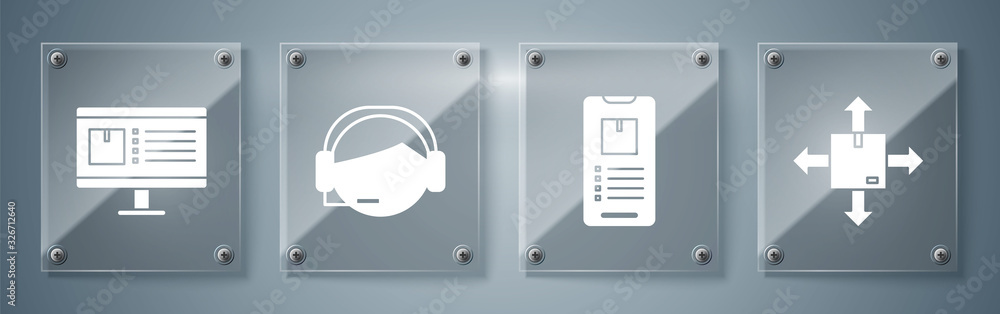 Poster set cardboard box with traffic symbol, mobile phone with app delivery tracking , support operator in