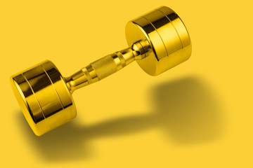 golden shiny dumbbell as if bouncing, casting a shadow, concept on yellow background