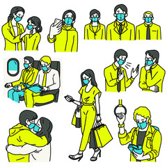 Various characters set of people wearing surgical masks, covering mouth to prevent respiratory virus transmission, Coronavirus outbreak and dust. Outline, linear, thin line art.