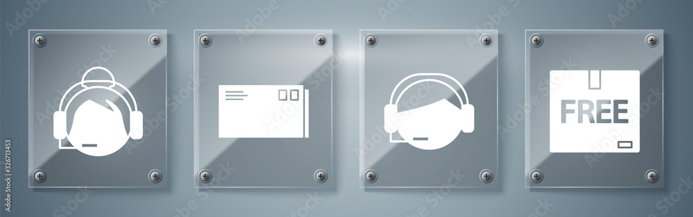 Poster set cardboard box with free symbol , support operator in touch, envelope and support operator in tou