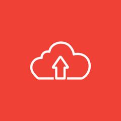 Cloud Upload Line Icon On Red Background. Red Flat Style Vector Illustration