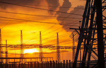 Pylon tower with orange sunset background
