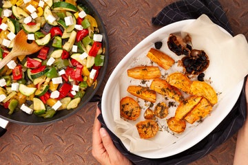 Barbecue mix vegetables with baked sweet potatoes.