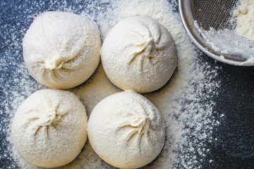 khinkali or dumplings with filling, menu concept background. top view. copy spaces