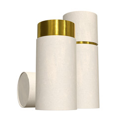 Kraft paper cardboard tube package with gold part mock up. 3d render isolated on white background.