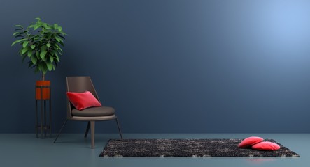 krzesło i roślina w pustym wnętrzu pokoju, ciemno niebieska makieta ściany, przestrzeń robocza, 3D ilustracja - obrazy, fototapety, plakaty