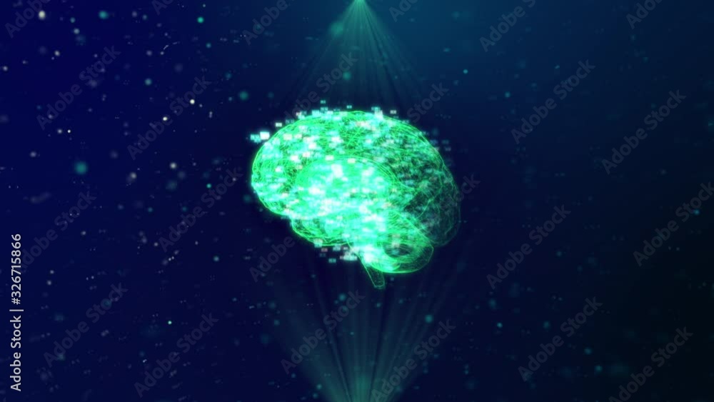 Poster hologram of human brain scan ai concept glowing light particles arranged in the formation of human b