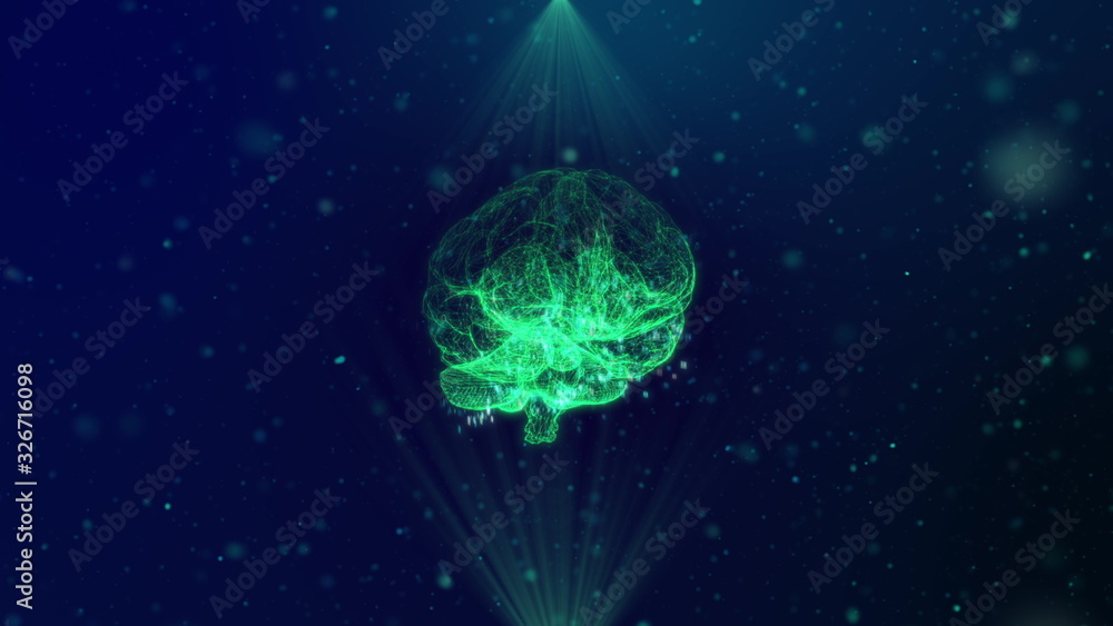 Poster hologram of human brain scan ai concept glowing light particles arranged in the formation of human b