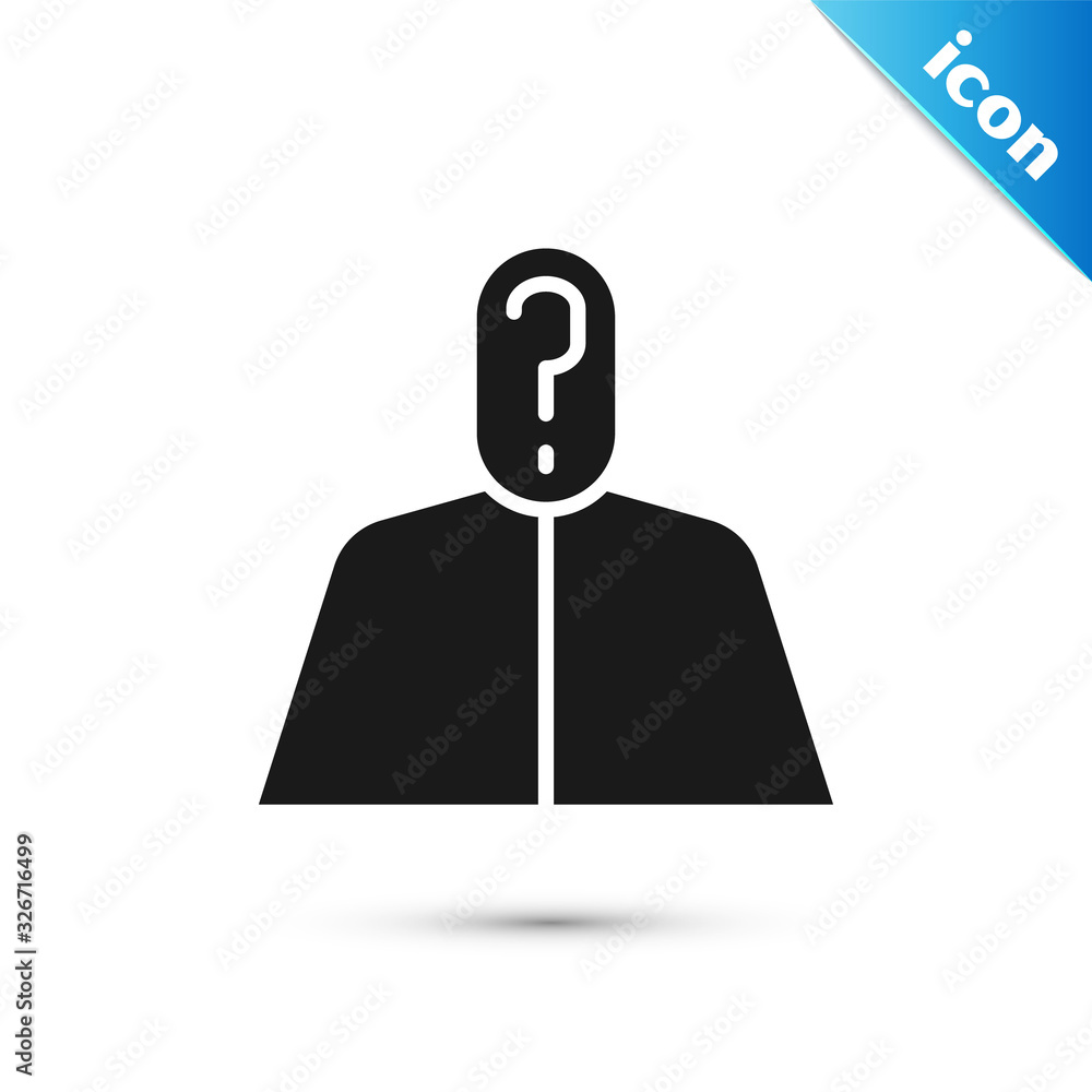 Poster grey anonymous man with question mark icon isolated on white background. unknown user, incognito pro