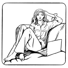 Hand drawn vector illustration. Beautiful woman with a laptop sitting on a sofa. Successful business woman concept. Black outline graphic picture isolated in white. Sketch, vintage, engraving style.