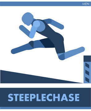  Male steeplechase.  Overcoming a pit with water. Men run athletics cross-country sports; racing competition. Running with obstacles. The symbolic image of a man. One of a series. International sports