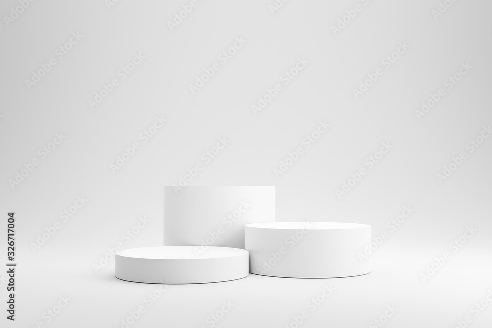 Poster Empty podium or pedestal display on white background with cylinder stand concept. Blank product shelf standing backdrop. 3D rendering.