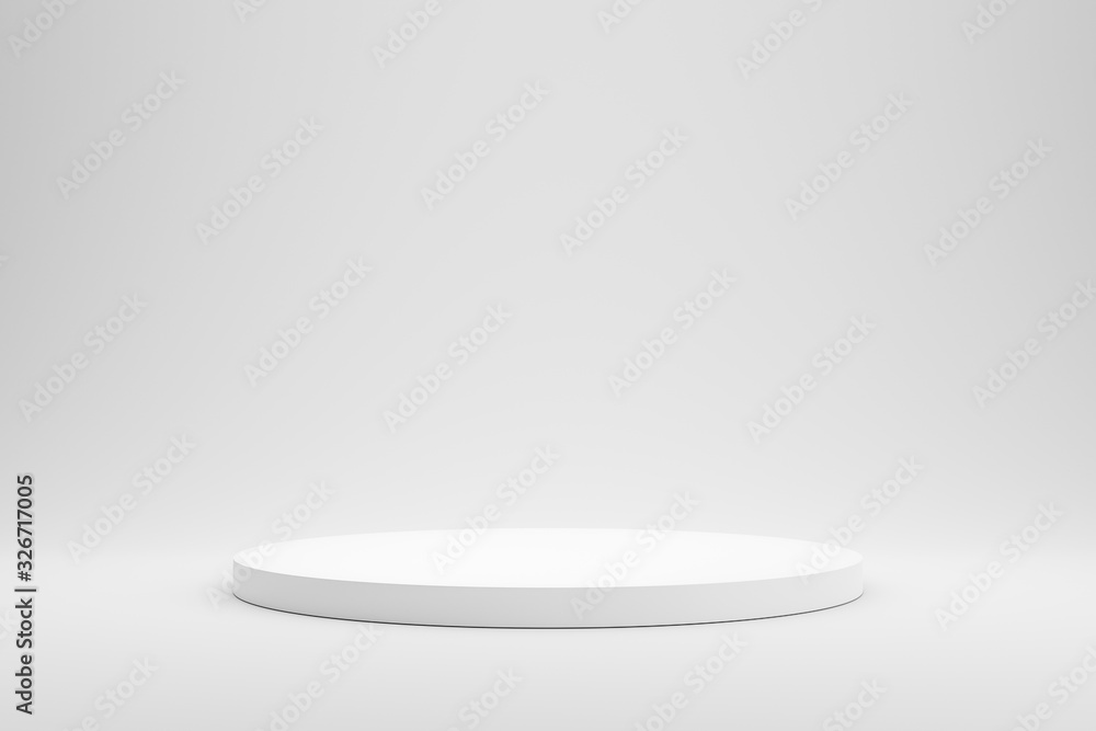 Poster Empty podium or pedestal display on white background with cylinder stand concept. Blank product shelf standing backdrop. 3D rendering.
