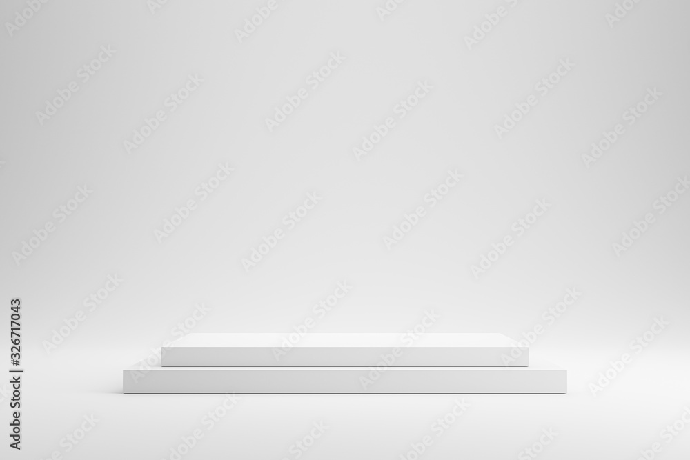 Poster Empty podium or pedestal display on white background with box stand concept. Blank product shelf standing backdrop. 3D rendering.