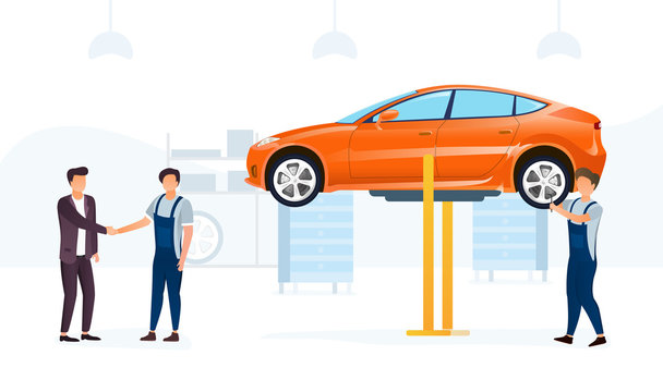 Car service concept with car on hoist being worked on by a mechanic as the owner shakes hands with his colleague, vector illustration