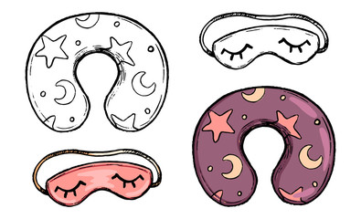 Hand drawn vector illustration. Set of contour and color drawings isolated on white. Sleep mask and travel pillow. Doodles element for design, cards, prints, posters. Vintage sketch in realistic style