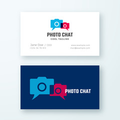 Photo Chat Abstract Vector Logo and Business Card Template. Talking Clouds Camera Concept. Premium Stationary Realistic Mock Up.