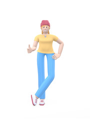 Young cheerful hipster girl in hat hand thumb up. Positive character in casual colored clothes isolated on a white background. Funny, abstract cartoon people. 3D rendering.