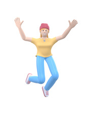 Fototapeta na wymiar Young cheerful hipster girl in a hat dances, jumps, levitates and flies. Positive character in casual colored clothes isolated on a white background. Funny, abstract cartoon people. 3D rendering.