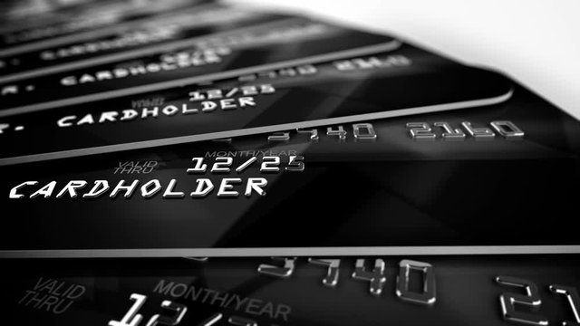 Exciting 3d rendering of Credit card close up shot with selective focus for background with stripes of digits in a black and grey palette on a table in the white studio. Seamless loop.