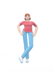 Young happy girl posing in a free pose. Positive character in casual colored clothes isolated on a white background. Funny, abstract cartoon man. 3D rendering.