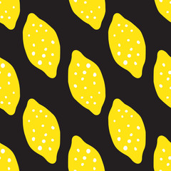 Lemon seamless pattern on black background. Hand drawn citrus fruits wallpaper.