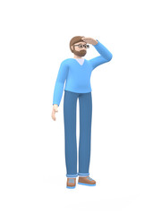 A young cheerful guy with a beard in glasses stands looking into the distance a hand above his eyes. Positive character in casual colored clothes. Funny, abstract cartoon man. 3D rendering.