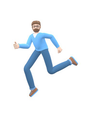 A young cheerful guy with a beard in glasses dances, jumps, levitates and flies. Positive character in casual colored clothes. Funny, abstract cartoon people. 3D rendering.